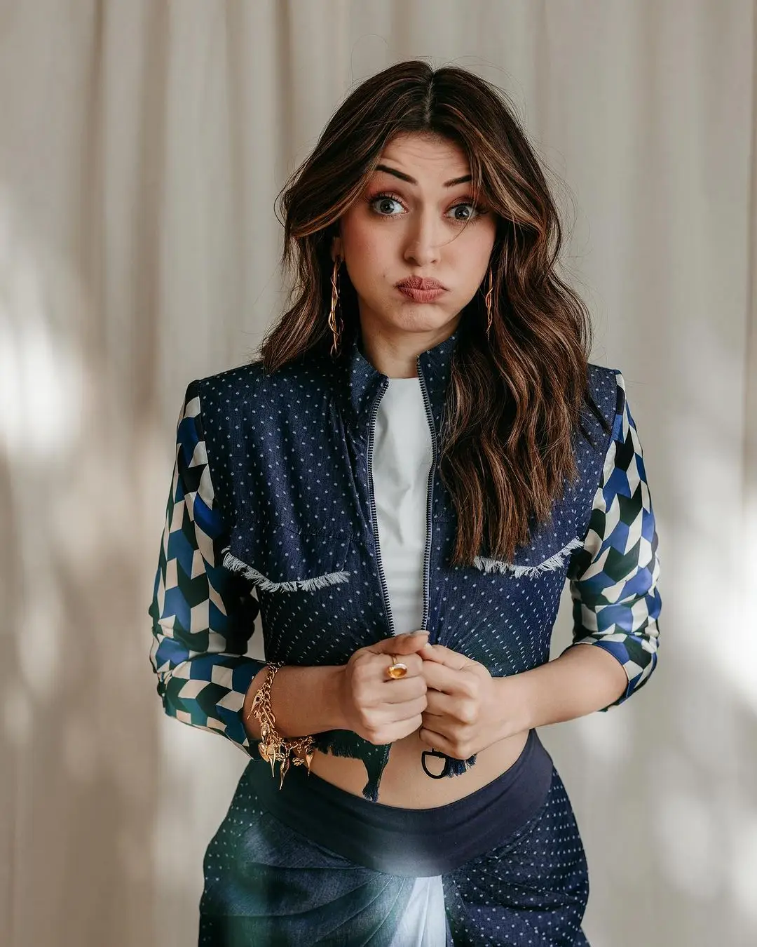 Tamil Actress Hansika Motwani Images in Blue Color Gown White Top